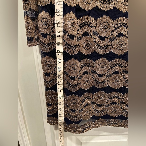 Jessica Howard Evenings Size 12 Long Sleeve Navy Blue Gold Lacy Sheath Dress - Picture 7 of 11